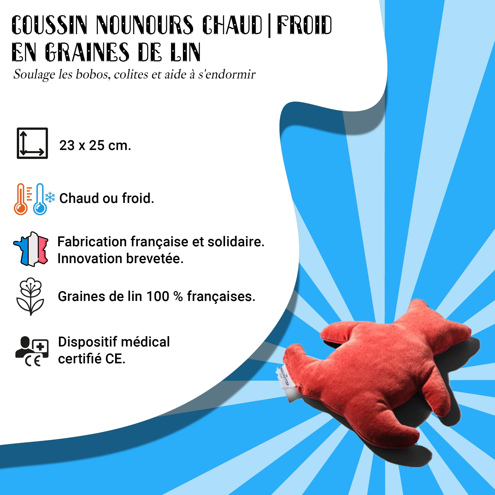 Coussin Emplâtre Chauffant Nounours en graines de lin velours doux - Bouillotte peluche micro-ondes - Dispositif médical, colique bébé, aide pour s'endormir - Chaud/froid - Fabriqué en France 23x25 cm