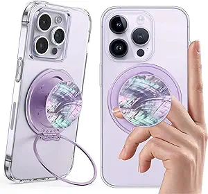 Magnetic Phone Ring Grip,Ultra Thin Phone Kickstand with Finger Loop Strap, Lightweight Phone Ring Holder for Mag Safe iPhone 16/15/14/13/12 Series (Purple Shell)