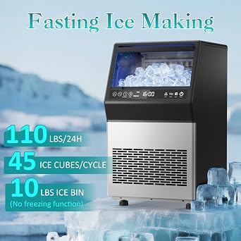 Ice Maker Machine Commercial - 110LBS/24H Freestanding Cabinet Ice Maker 45 Ice Cubes in 8-20 Mins, with 3 Ice Thickness Jug & Tap Water Inlet Auto Self-Cleaning for Home Office Bar