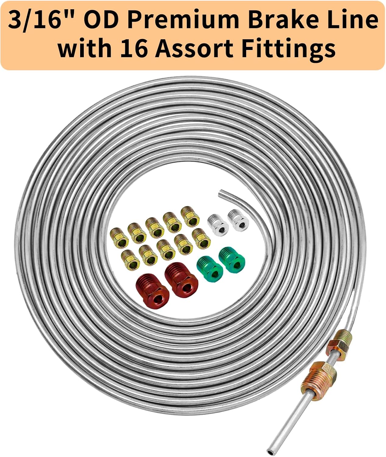 3/16" Stainless Steel Brake Line Kit - 25 Feet Heavy-Duty & Rust-Proof Brake Tubing Roll with 16 Fittings for Hydraulic Brake Systems Car, Truck, SUV