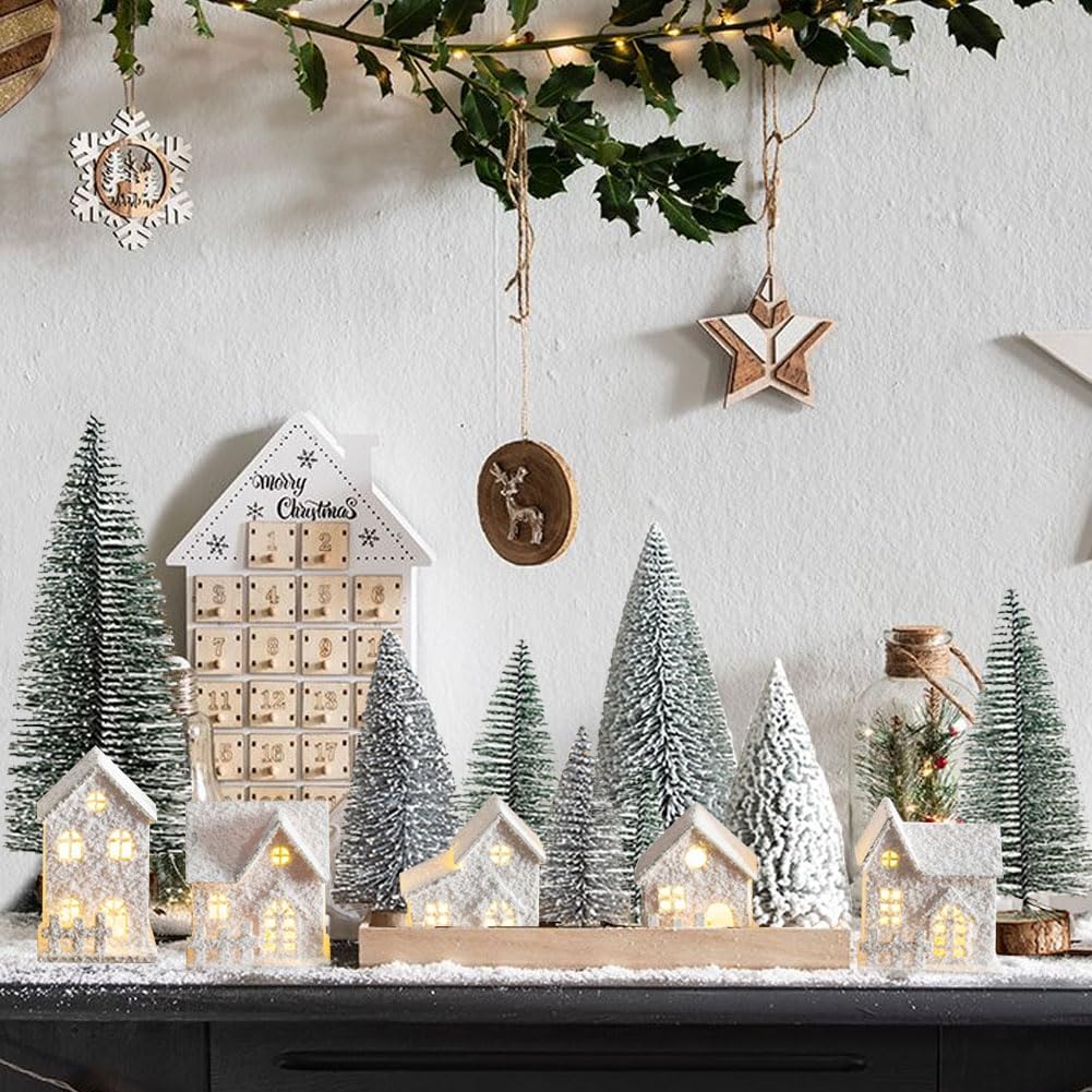 13 Pcs White Christmas Village Set with 5 Lighted Wooden Houses and 8 Snow Trees,LED Tabletop Xmas House Figurines Decorations,Artificial Christmas Trees Set with Wooden Base,Xmas Decor Indoor