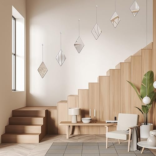 Miniatura 6 de Juego de 6 espejos de decoración de pared con 2 destornilladores, espejo de pared colgante de diamante con cadena y marco plateado, espejo de cadena