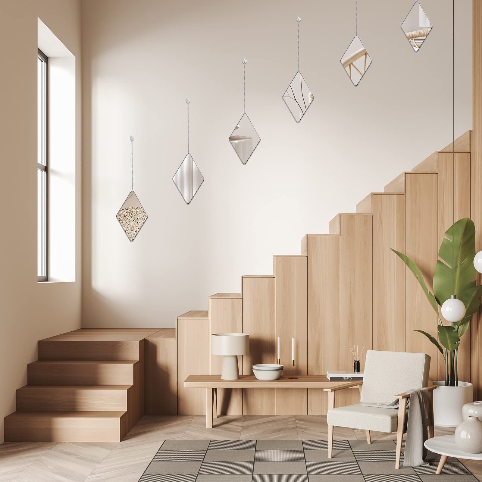 Namalu Set di 6 Decorazioni da Parete a Specchio con 2 Cacciaviti Specchi da Muro a Forma di Diamante con Catena Specchi Decorativi con Cornice in Argento da Appendere per Casa, 10,8 x 6,7 Pollici