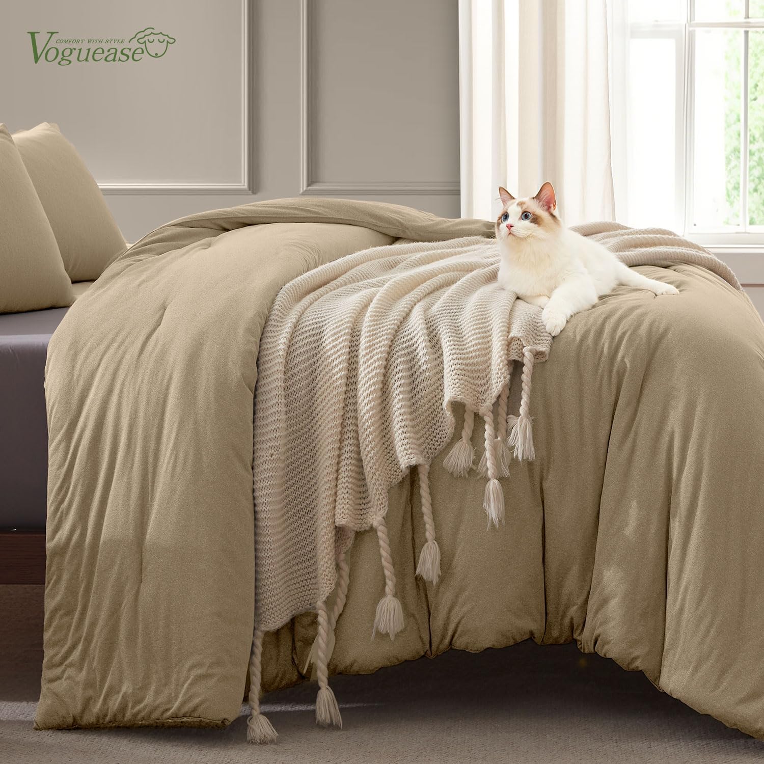 King Size Comforter Set, Comforters King Size Luxury Ultra-Soft Jersey Knit Bedding Sets, Khaki Lightweight Down Alternative Bed Comforter for All Season, 3 Piece Bedding Set - Image 3