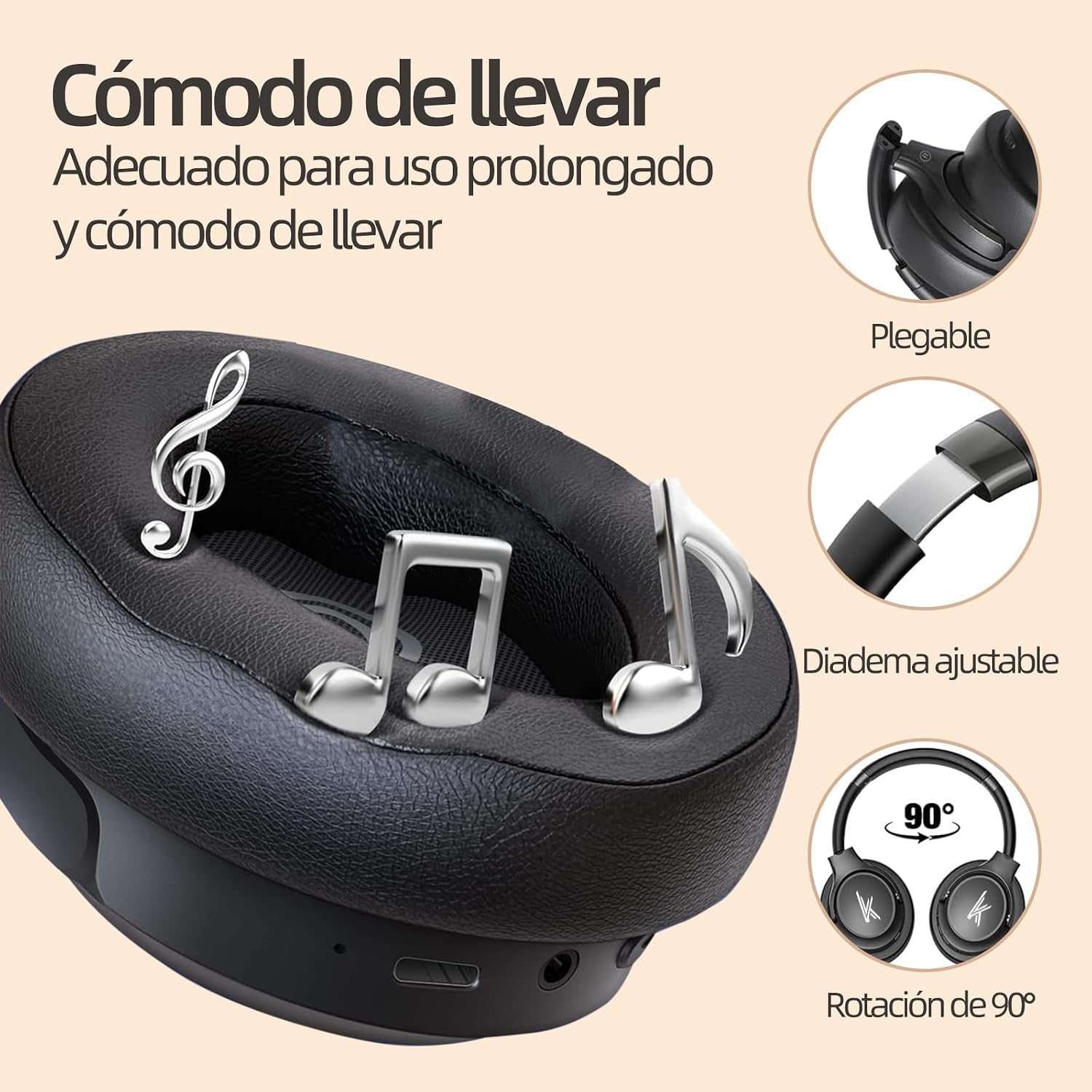 KRIOS BK2 headphones showing foldable design, adjustable headband, and 90-degree rotation for comfortable wear and storage.