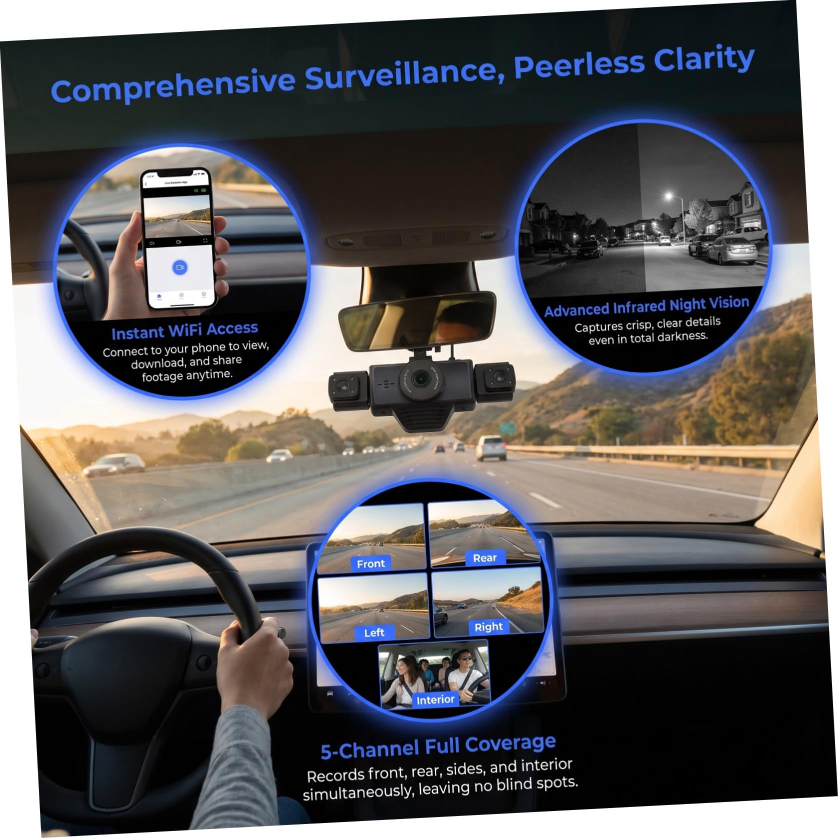Dash Cam a Cinque Vie per Auto, Wifi, Visione Notturna Ir | Obiettivo Grandangolare, Registrazione in Loop, Nero Abs per Road Trip