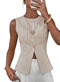 BLENCOT Womens Striped Sleeveless Slim Fit Vest Tops Dressy Crewneck Metal Button Down Business Casual Outfits