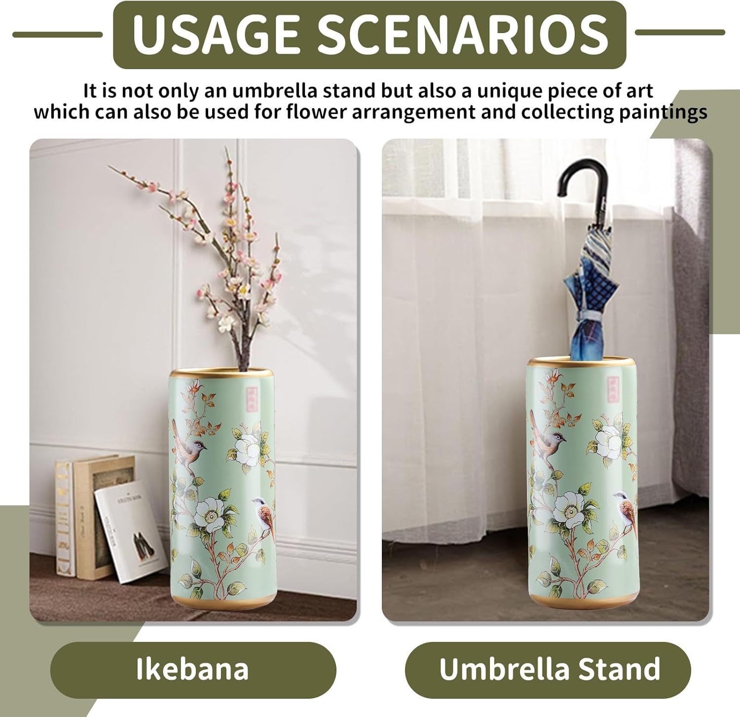 Traditional Luxurious Umbrella Holder Storage Freestanding Cane Green Ceramic Umbrella Stand 17.3″ High Umbrella Rack Painted Porcelain for Hotel Entrance Indoor Entryway Home Office