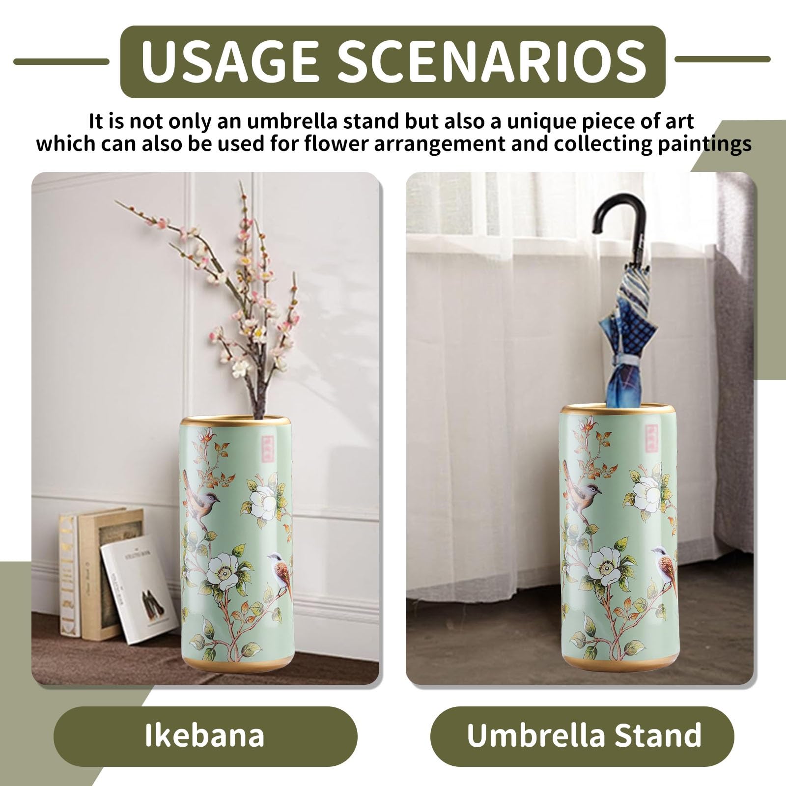 Portaombrelli in ceramica, autoportante in porcellana dipinta, altezza 43,9 cm, per interni ingresso, casa, ufficio e hotel