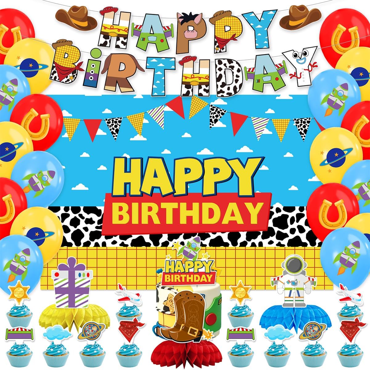 Toy Cartoon Birthday Party Decorations Toy Themed Party Supplies Include Happy Birthday Banner, Backdrop, Balloons, Cake Topper, Honeycomb
