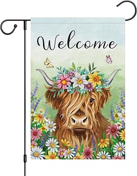 Welcome Spring Garden Flag Burlap Double Sided Vertical 12x18 Inch Highland Cow Spring Flag Farmhouse Yard Outdoor Decor