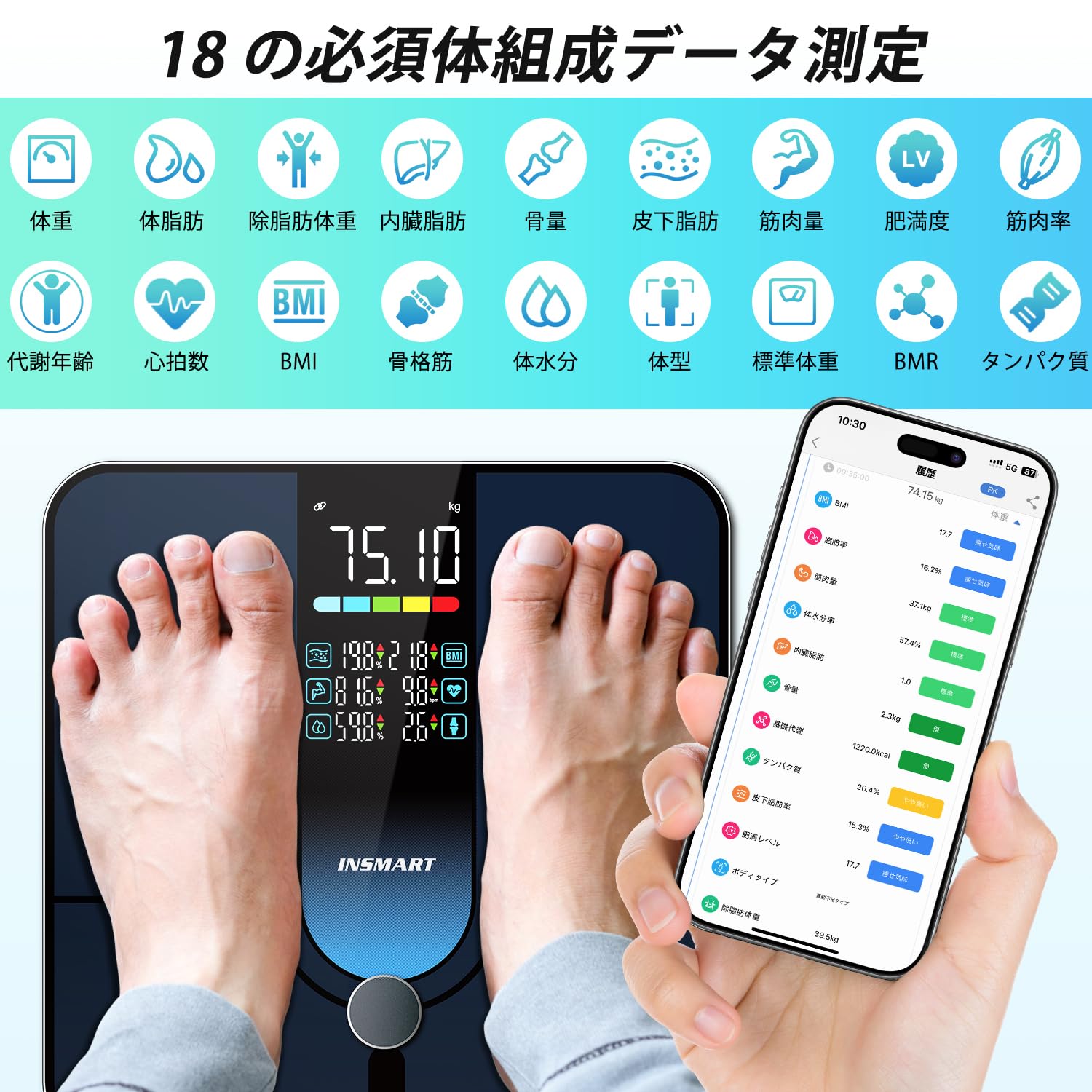 デジタル体重計 スマホ連動 体脂肪計・体組成計 Bluetooth対応 ヘルスメーター 乗るだけ 【2025新登場】【アプリ対応/apple watch/GoogleFit/Fitbit/appleヘルスケア連携/体重/体脂肪率/筋肉量/BMI/15項目/測定者認識/高精度】 Amazon | （体重体組成計）INSMART 体重計 スマホ連動 体脂肪計・体