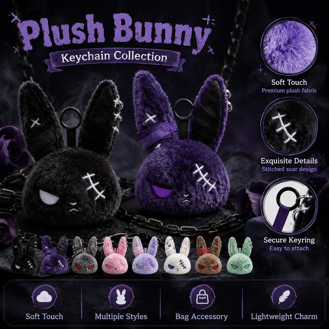 Dark Bunny Plush Keychain, Soft Rabbit Bag Charm with Metal Key Ring, Goth Style Plush Purse Charm, Giftable image 3