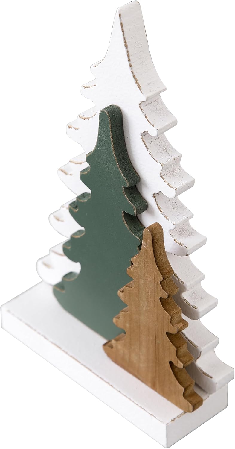 Farmhouse Tabletop Christmas Tree Decorations 10 Inch, Distressed White and Green Rustic Small Wooden Christmas Trees for Entryway Living Room Bedroom, Halloween Tables Centerpieces