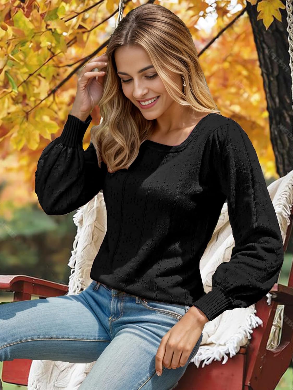 XINWEZZ Womens Sweaters Fall 2026 Casual Puff Long Sleeve Square Neck Cozy Knitted Pullover Sweater Tops Trendy Outfits - Image 3