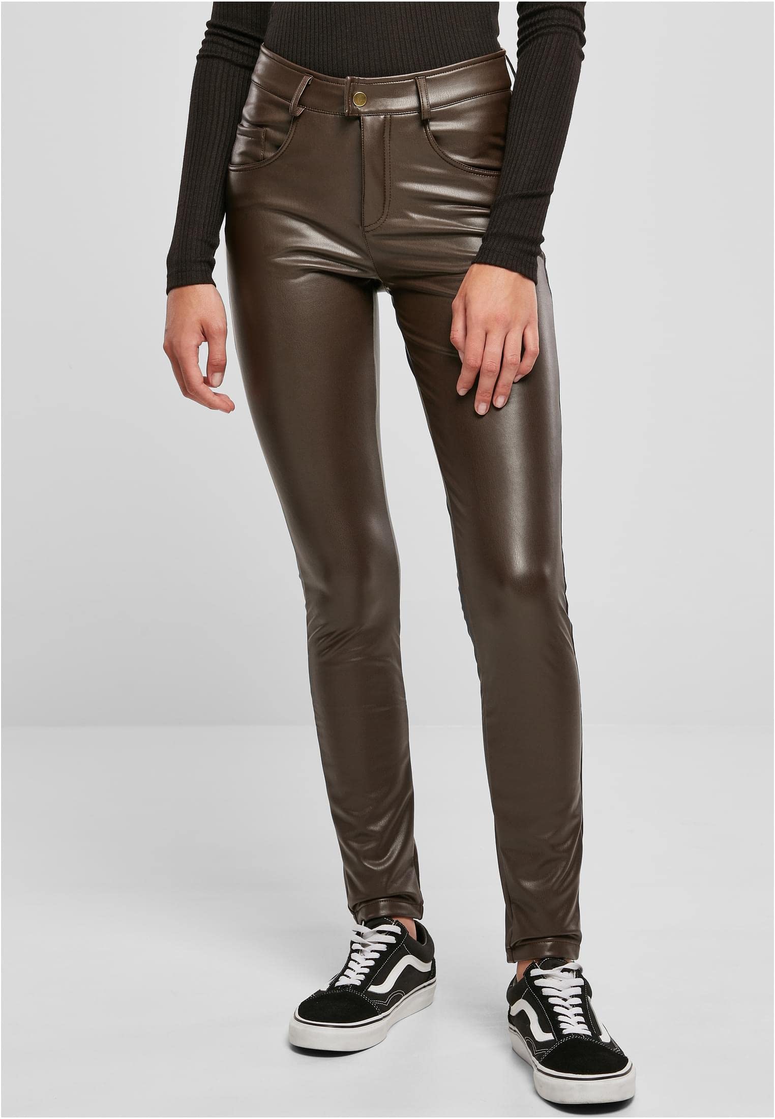 Urban Classics Ladies Mid Waist Synthetic Leather Pants - Spodnie Kobiety