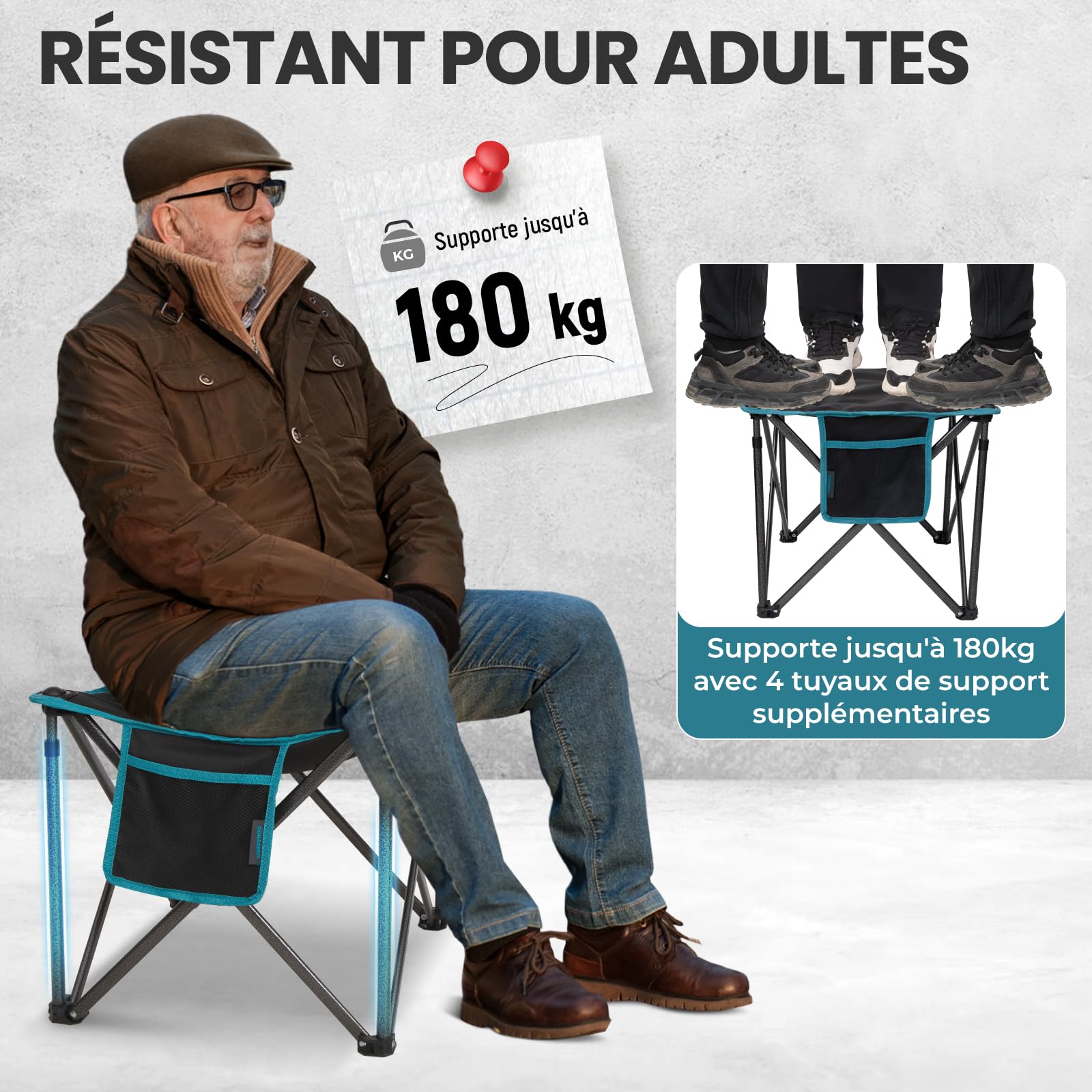 FUNDANGO Lot de 2 tabourets de camping pliables surdimensionnés de 46 cm - 180 kg - Avec sac de transport - Tabouret pliable - Pour camping, randonnée, pêche, noir