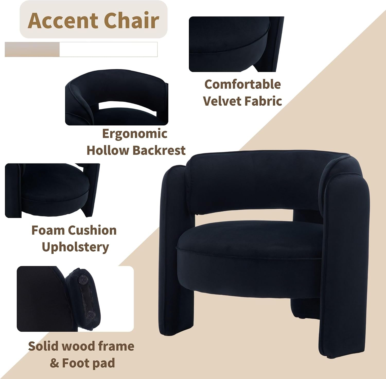 HNY Mid Century Modern Velvet Barrel Accent Chair, Comfy Round Upholstered Armchair with Open Back, Side Club Chair Lounge Arm Chair for Living Room, Bedroom, Waiting Rooms, Small Spaces, Black