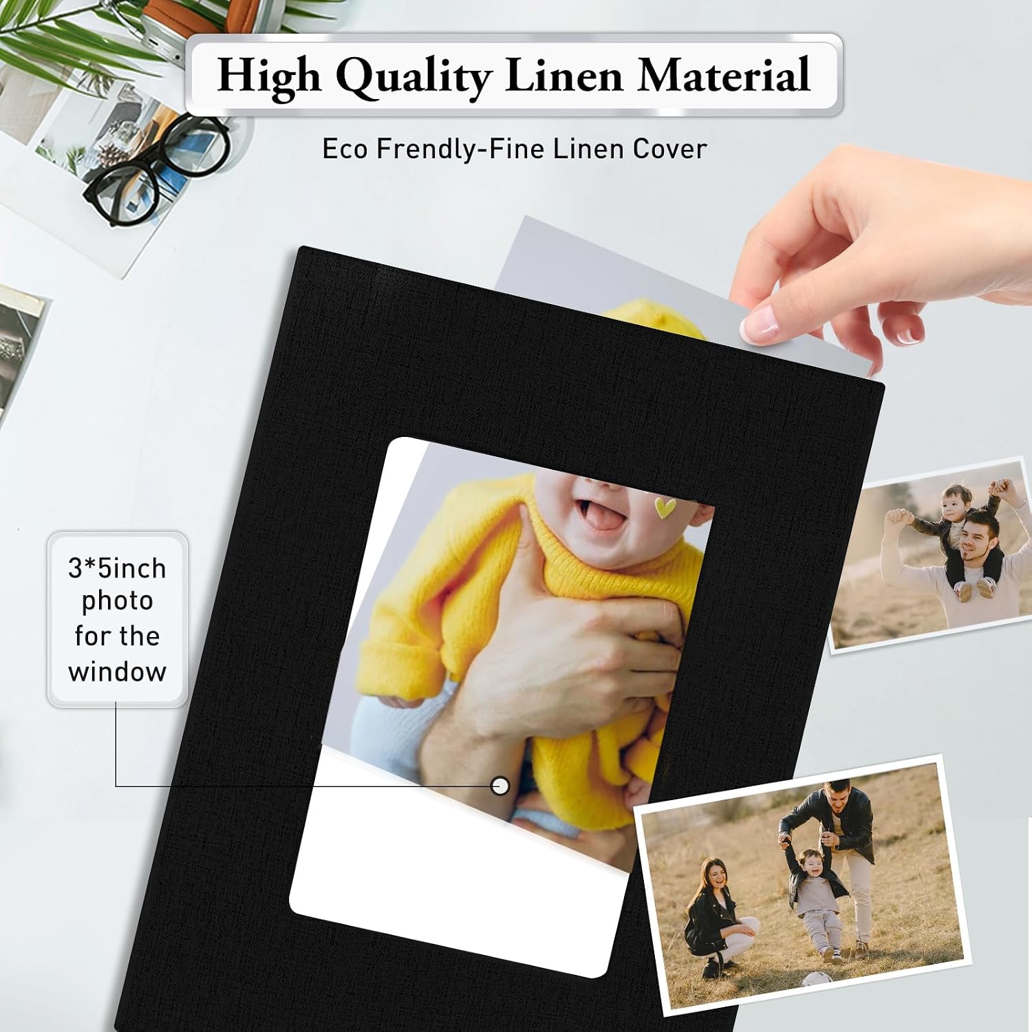 Photo Album 4x6,Linen Cover Slide-in Photo Album Book Can Holds 200 4x6 Photos with 100 Pockets for Baby Family Pictures Artwork or Postcards Storage (Black)