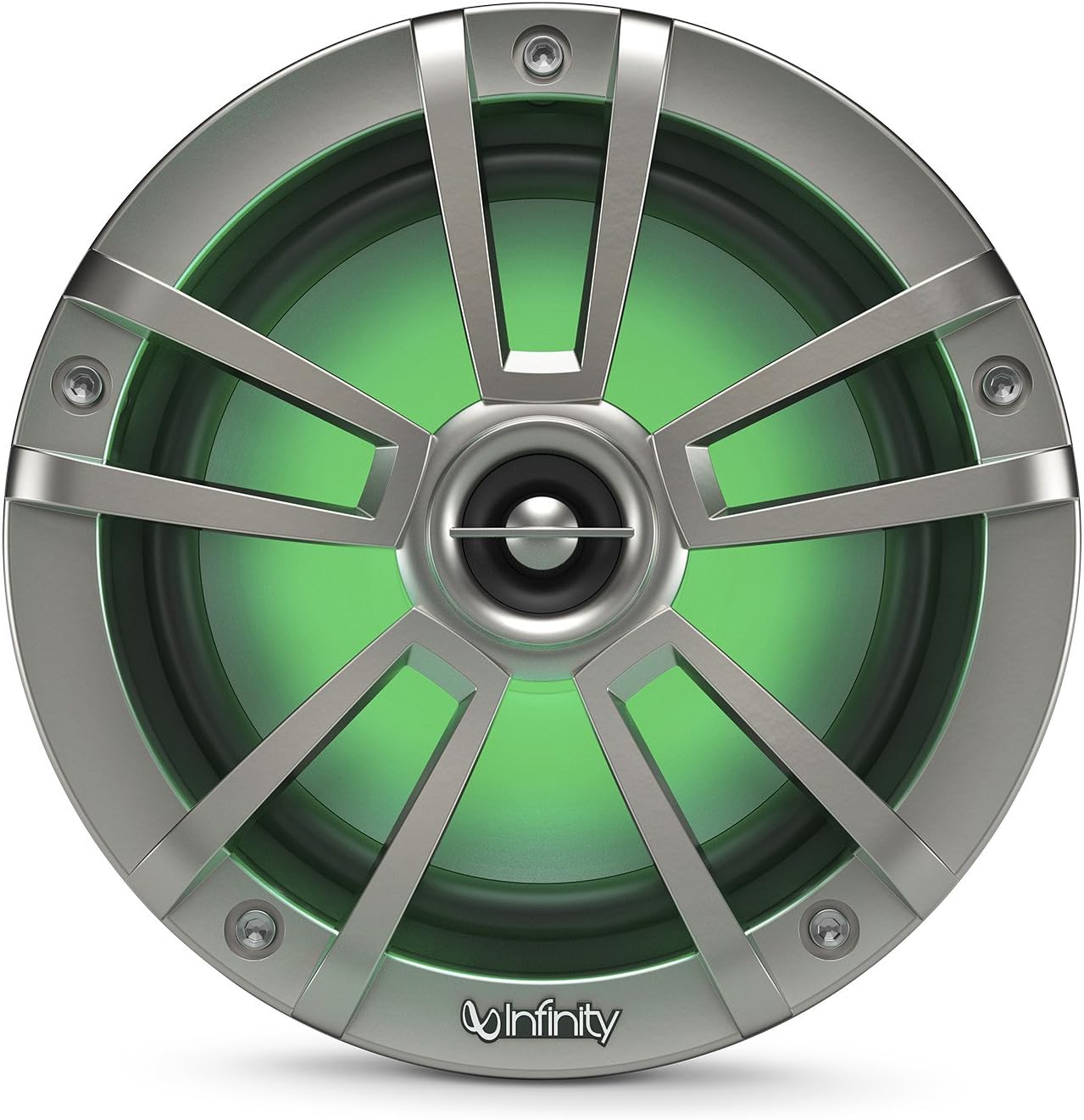 Single Infinity 622MLT marine speaker with green RGB LED lighting illuminated.