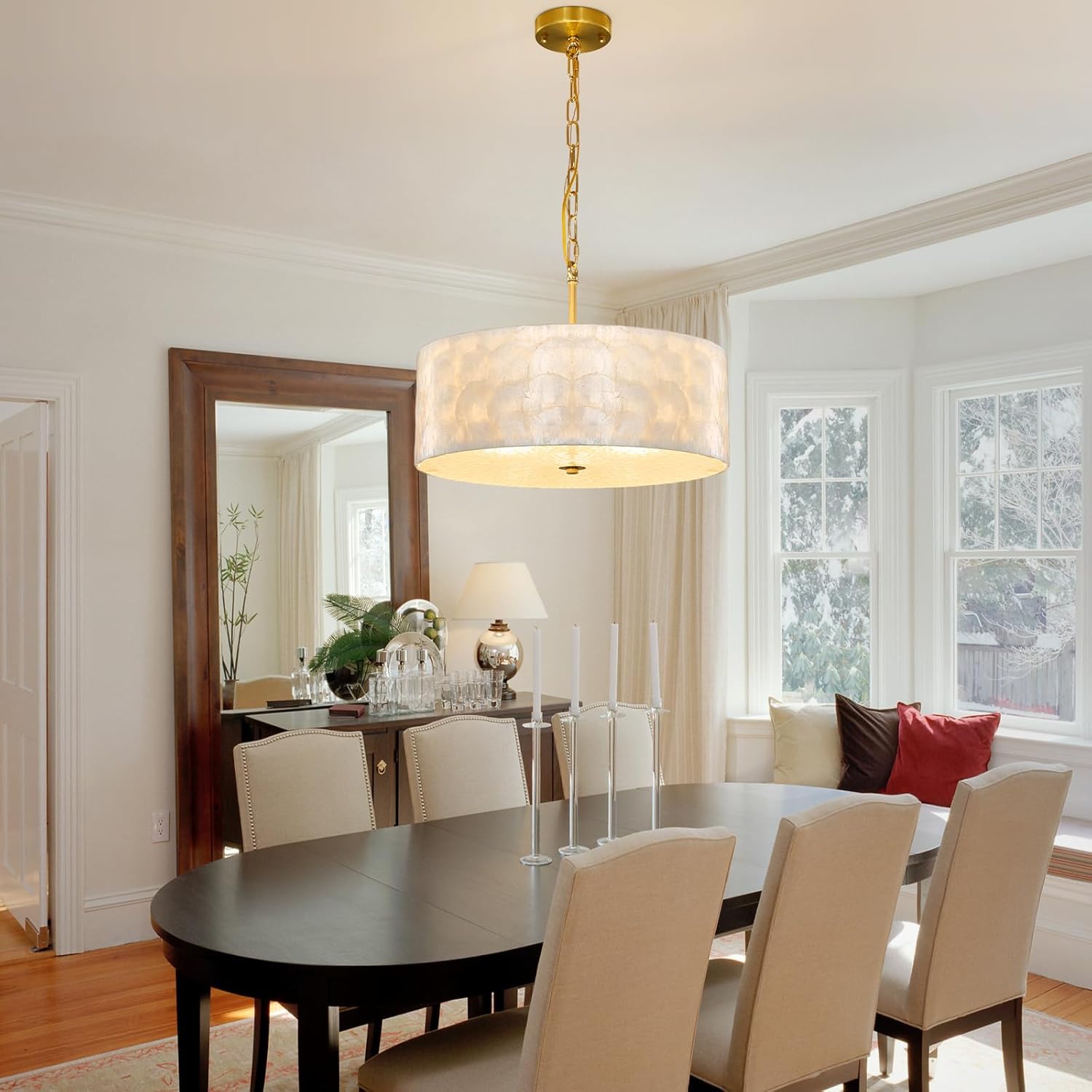 Coastal Drum Capiz Shell Chandelier: 18" Gold Modern White Round Seashell Shade with Hammered Glass Chandeliers - Dining Room Pendant Light Fixtures for Living Room Foyer Entryway Bedroom Bathroom