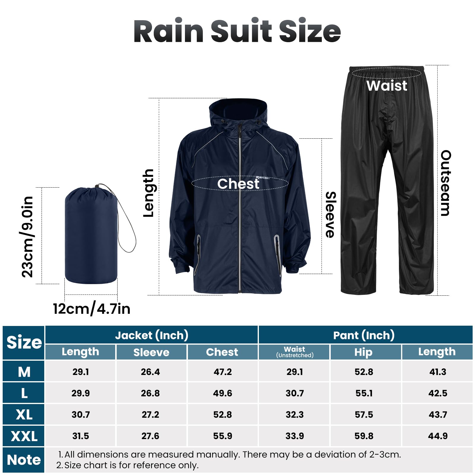 LAMA Combinaison de pluie pour homme et femme, veste de pluie imperméable et pantalon de pluie, vêtements de pluie lourds avec capuche et pochette de rangement, coupe-vent, léger, respirant, noir