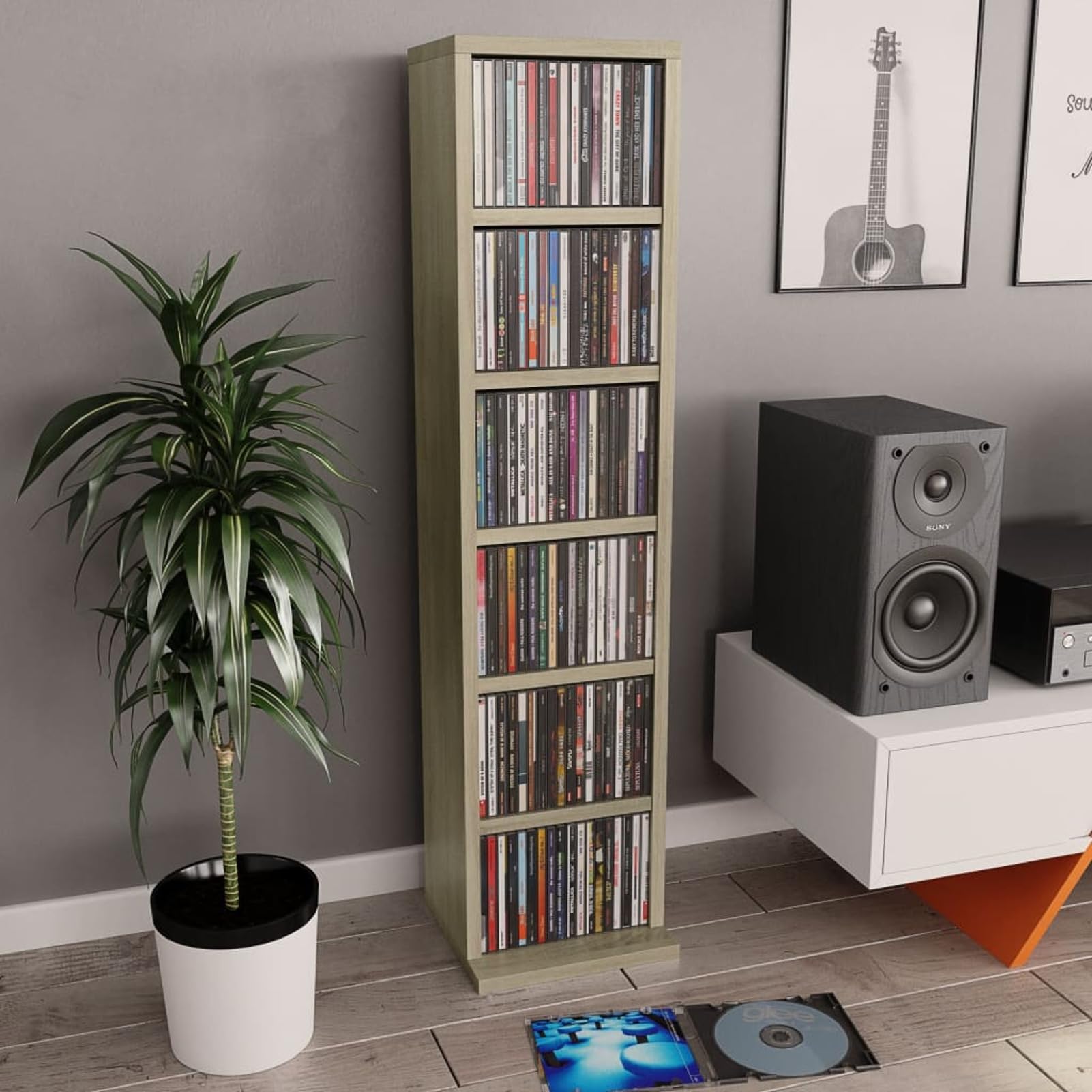 DVVD - Mensola per CD, supporto per CD, supporto per CD, in legno di rovere Sonoma, 21 x 20 x 88 cm