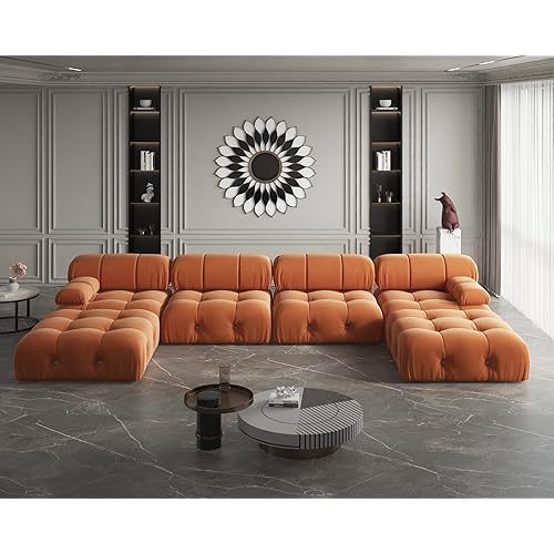 Modern Velvet Sectional Sofa, U Shape Minimalist Modular 6-Seater Couch with 2-Ottomans for Living Room Office Apartment (138in/Orange)