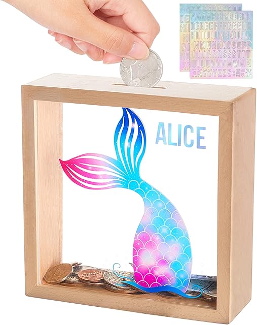 Beinou Piggy Banks for Kids, Wooden Money Box for Girls Boys Acrylic Coin Money Jar Pot Savings Tin with DIY Alphabet Stickers