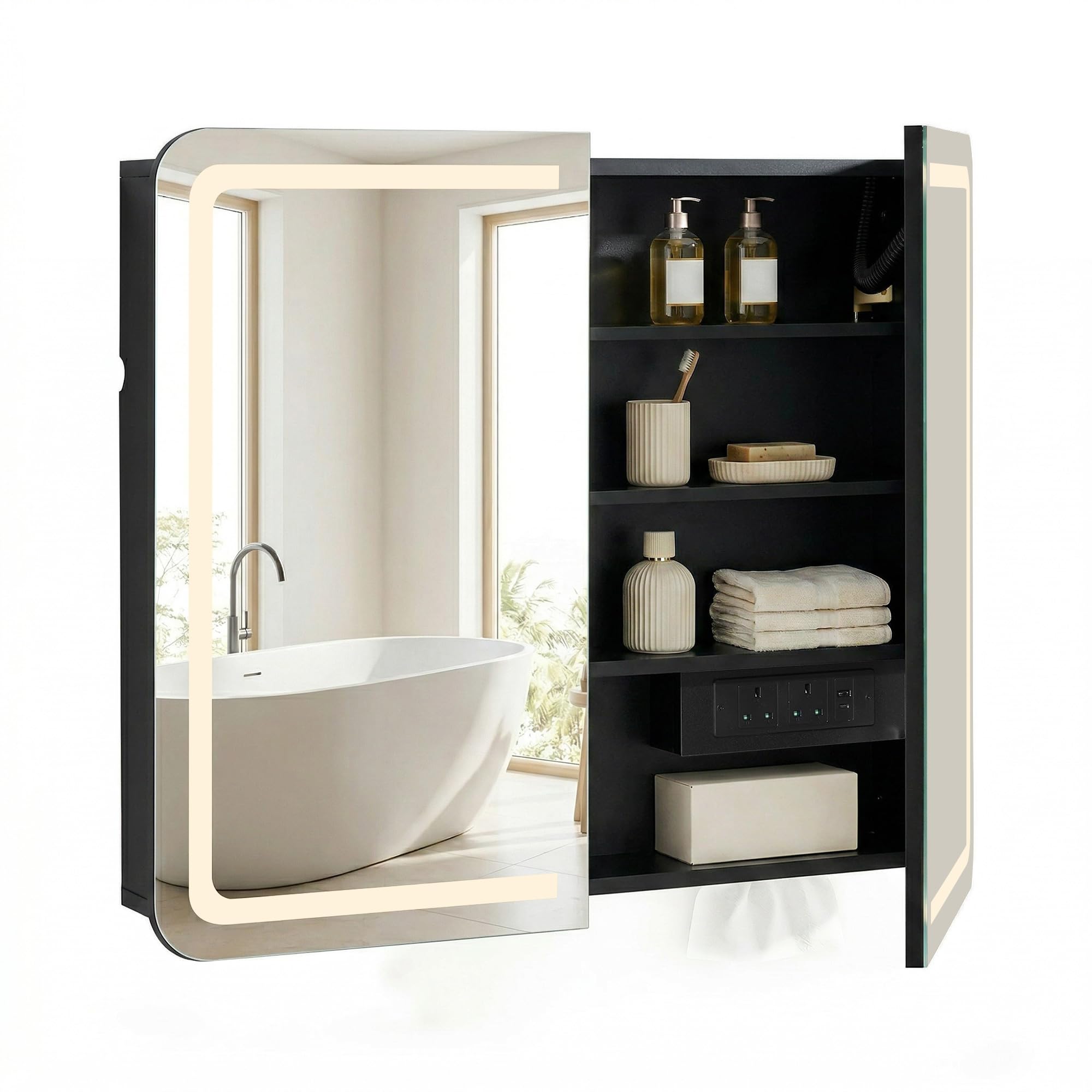 CLIPOP Bathroom Cabinet with Mirror 2-Door Bathroom Wall Cabinet with Shaver Socket & LED Lights, Anti-Fog Mirrored Storage Unit Round Corner with 6 Storage Shelves, Built-in Tissue Shelf (black)