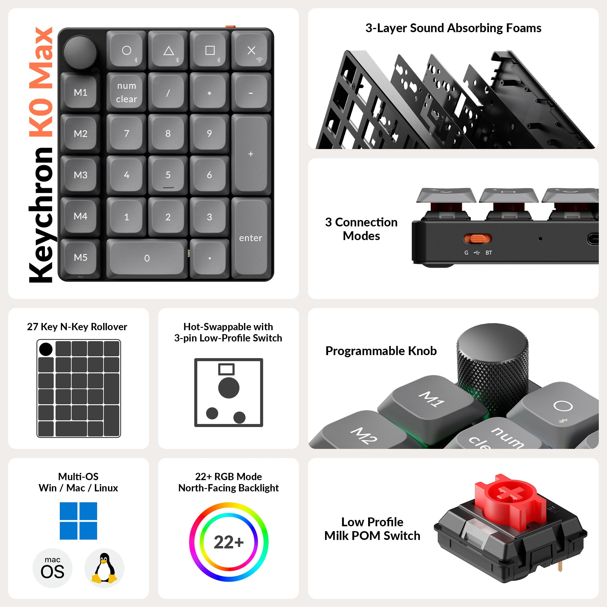 Keychron K0 Max Tastierino Numerico Wireless Low-Profile, 27 Tasti, 1000 Hz Polling Rate, 2.4 GHz/BT 5.3/USB-C, RGB, Interruttore Rosso, QMK Custom Numpad Programmabile per laptop, tablet, PC
