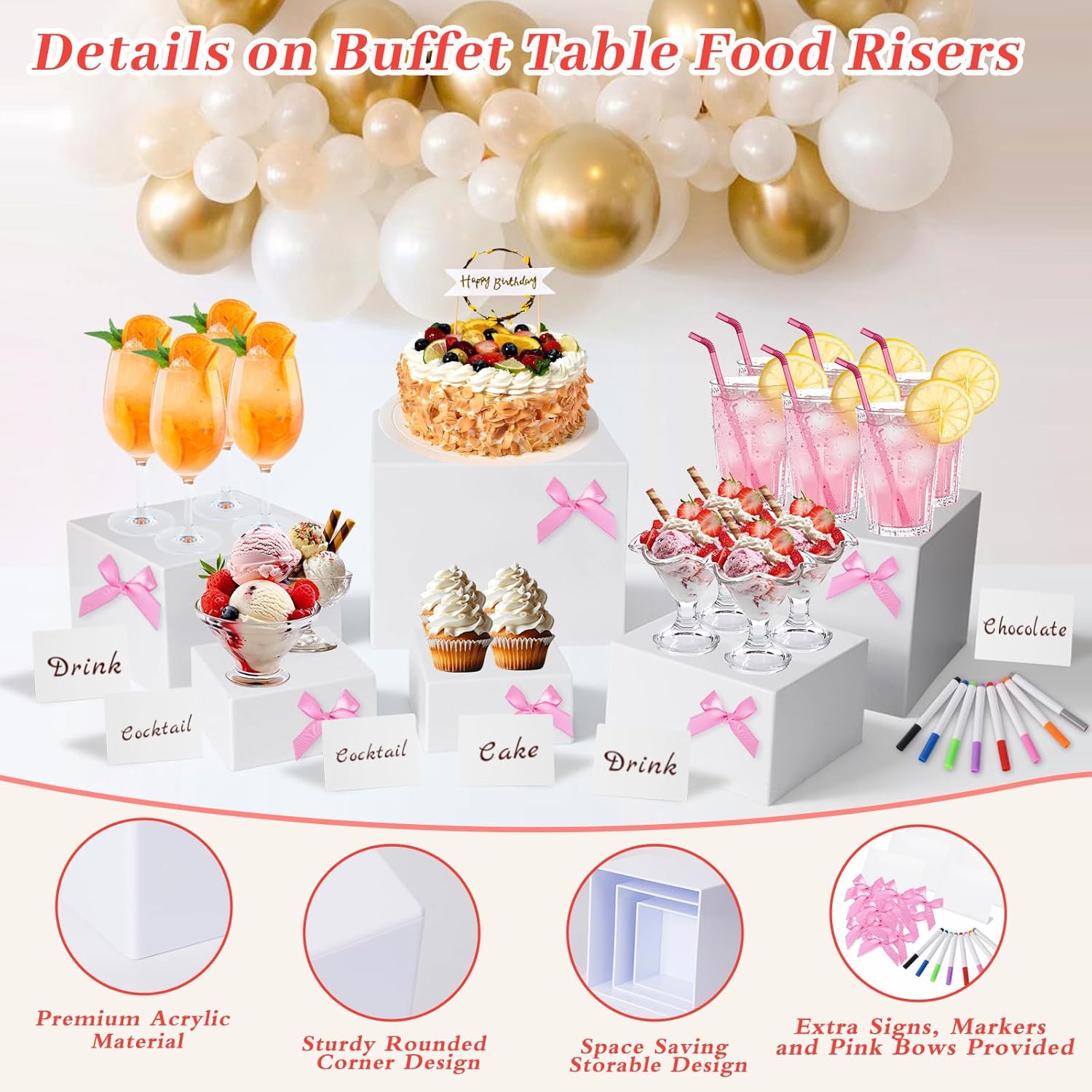 6 Pcs Acrylic Buffet Risers with Mini Signs and Makers, White Food Display Stands with Bowknot and Hollow Bottoms, Nesting Cube Boxes for Party, Dessert, Jewelry & Collectibles (8",7",6",5",4",4")