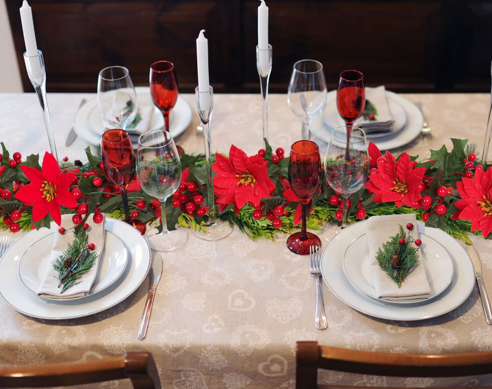 2 guirnaldas de Navidad de Flores de Bayas Rojas de 6.5 pies, Flores de Pascua Artificiales de Acebo, Decoraciones de ratán para Interiores y Exteriores, hogar, jardín, Escalera, Puerta, Ventana,