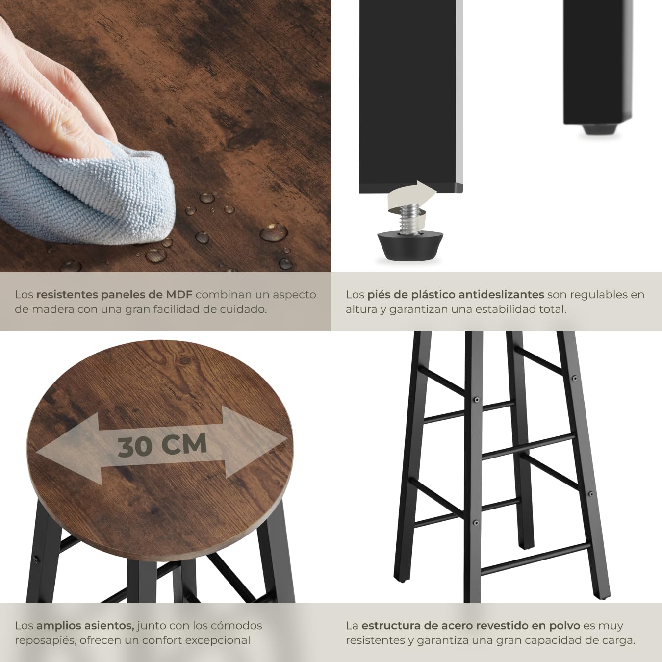 tectake® Juego de Taburetes de Bar con Estilo Industrial, para sillas Comedor, Taburete Alto Cocina, sillas de Comedor, Barra de Cocina - 31 x 31 x 72,5 cm Madera Industrial Oscura, Rústica