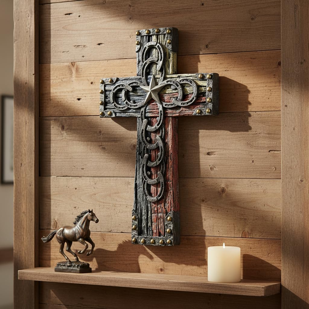 Comfy Hour 13" Wall Cross, Decorative Horseshoe Cross Wall Decor with Antique Silver Star, Western Style Faux Wood Religious Plaque, Artisan Crafted Resin Sculpture, Natural Brown, 1 Unit