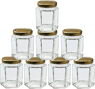 Offer Shop 190ml / 7 oz Hexagonal Glass Jars with Lid - Pack of 8 Clear Airtight Preserving Glass Jars for Jam, Yogurt, Pi...