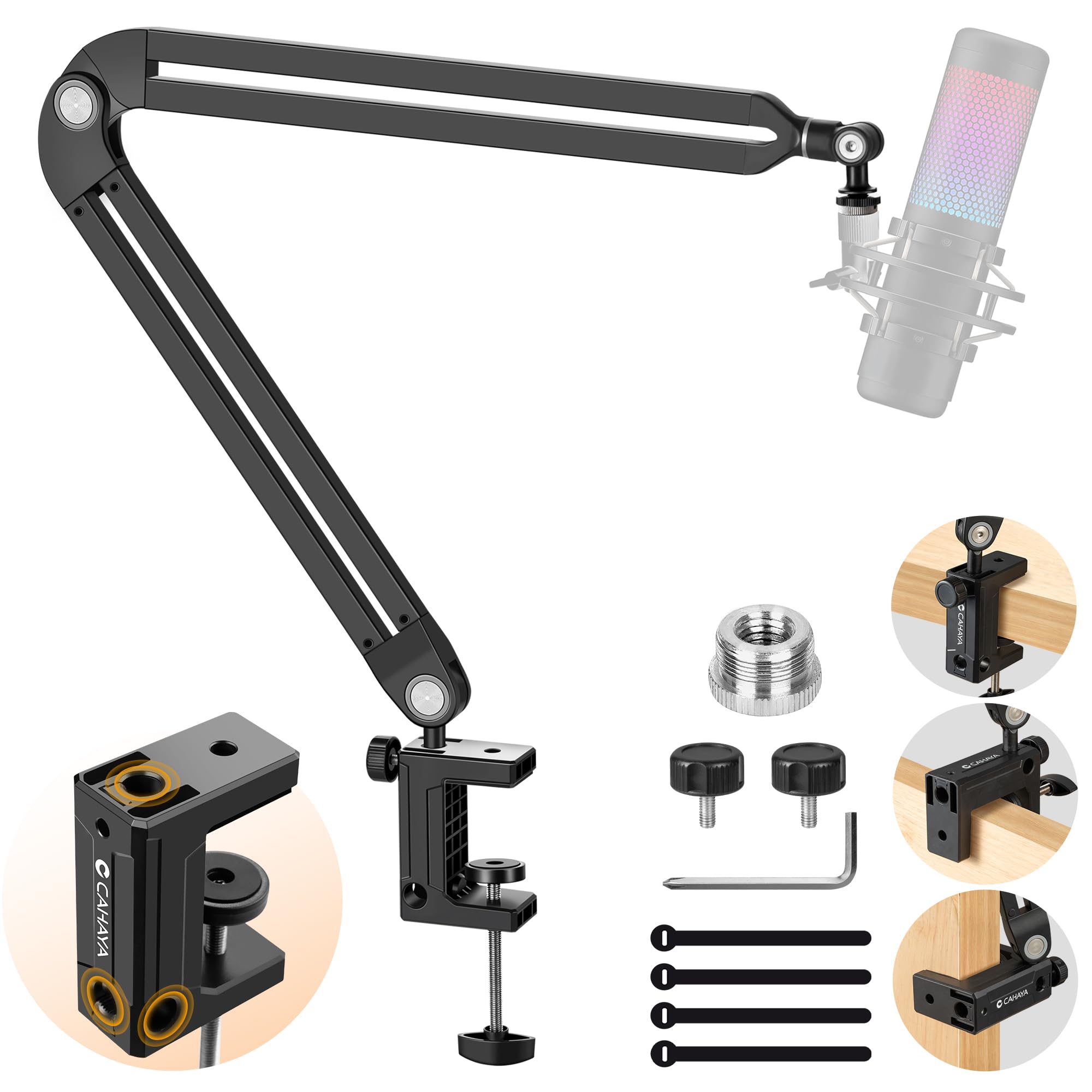 CAHAYA Profesjonalne ramię mikrofonowe Boom Arm – w pełni regulowany stojak mikrofonowy z szeroką podstawą, adapter mikrofonowy 3/8" do 5/8", kompatybilny z HyperX, Blue Yeti, QuadCast - CY00380-1