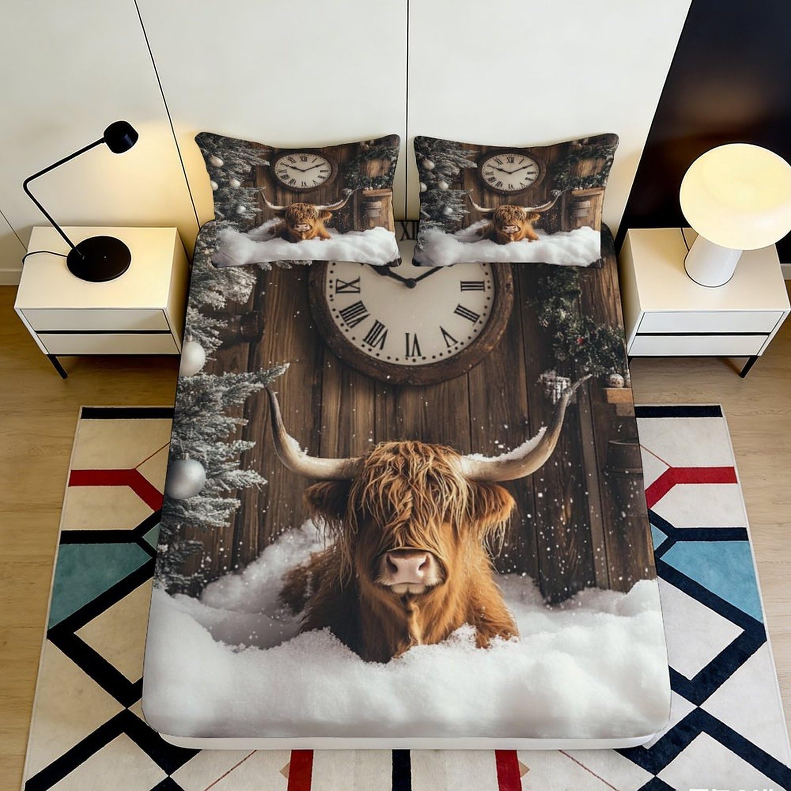3D Printed Highland Cow Fitted Sheet Microfiber Soft Durable Snowy Winter Bed Cover for Bedroom Dormitory Guest Room Mattress Protection Decor 140x200x25cm