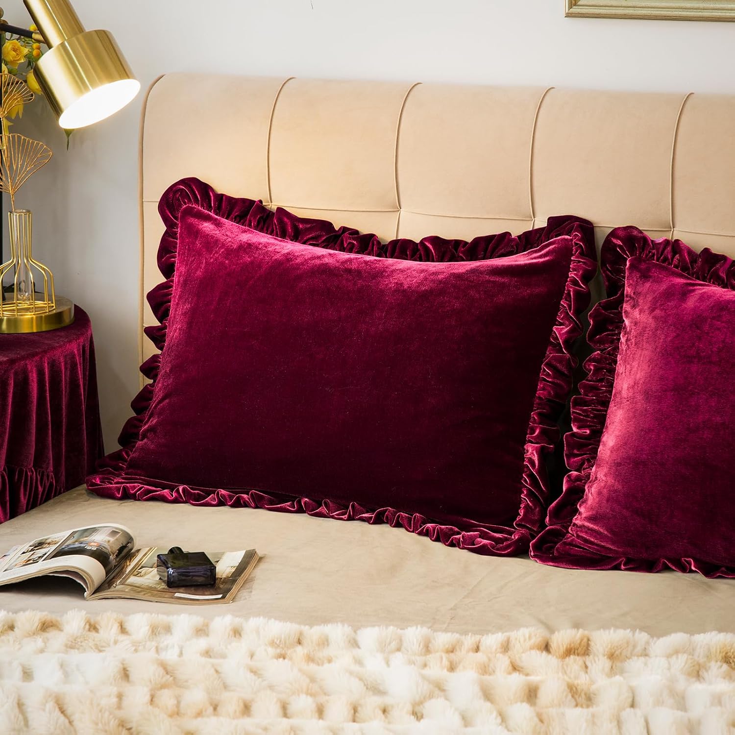 GLORY SEASON Velvet Pillow Shams Set of 2 Retro Ruffle Flounces Trim Soft Decorative Luxurious Solid Amaranth Farmhouse Vintage Pillow Cases for Bedroom Decor King 20x36 Inch