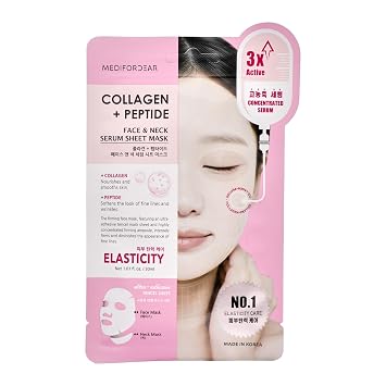 MEDIFORDEAR Collagen + Peptide Face & Neck Serum Sheet Mask Set 5pcs, Intensive Hydration, Firming, Dual Care, Spa-Like At-Home Treatment