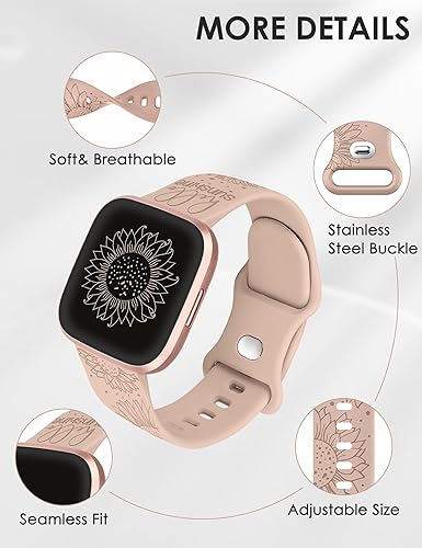 Miniatura 4 de Minyee Floral Engraved Band Compatible with Fitbit Versa 4Versa 3Versa 2Versa LiteSense 2 Band Women, Cute Soft Silicone Sunflower Flower Pattern