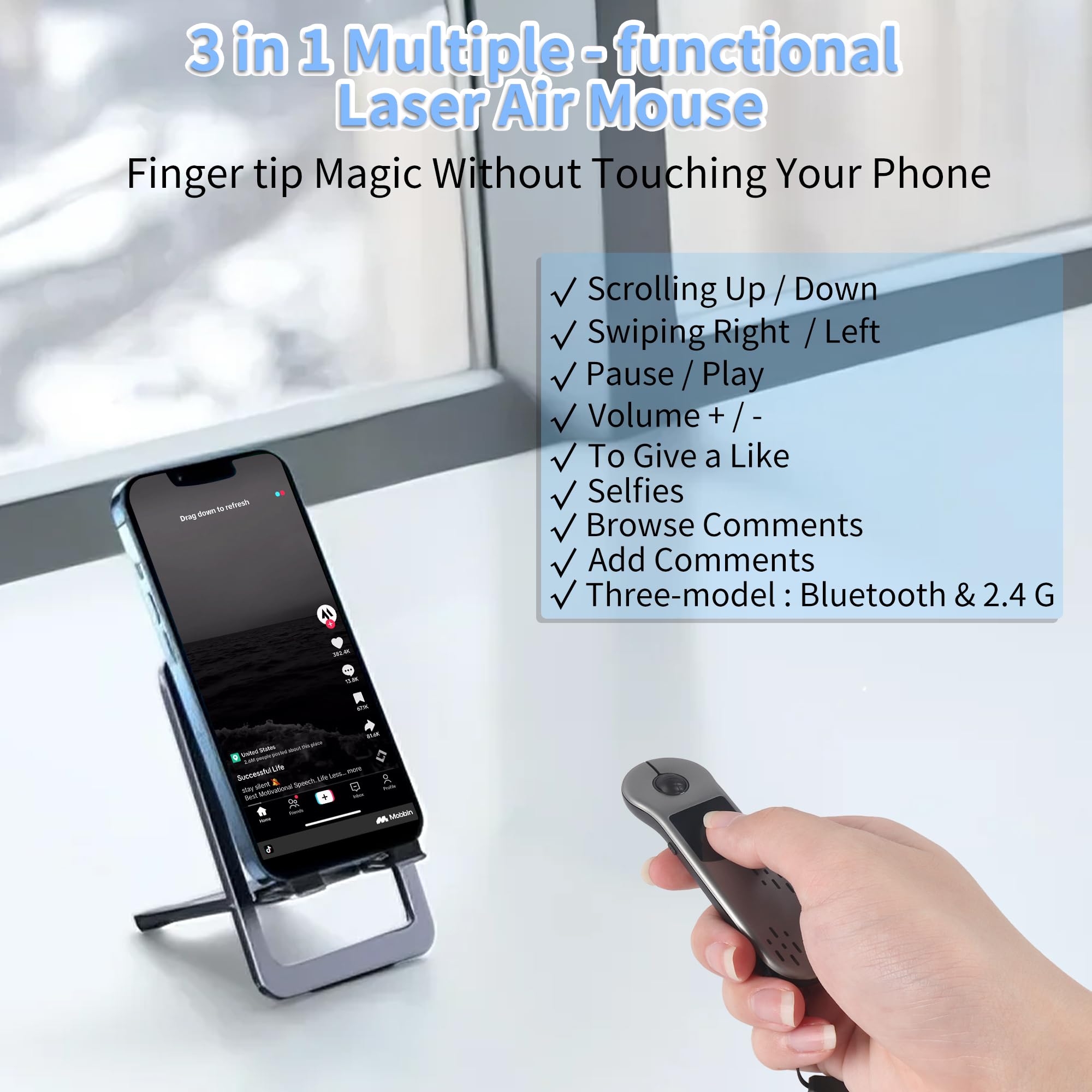 Mini ratón Bluetooth con punteras de los dedos, BT5.3 + 2.4 G + USB-C, tres modos+panel táctil, 4 en 1 portátil Page Turner Handheld Air Mouse Presenter mando a distancia, desplazamiento inalámbrico