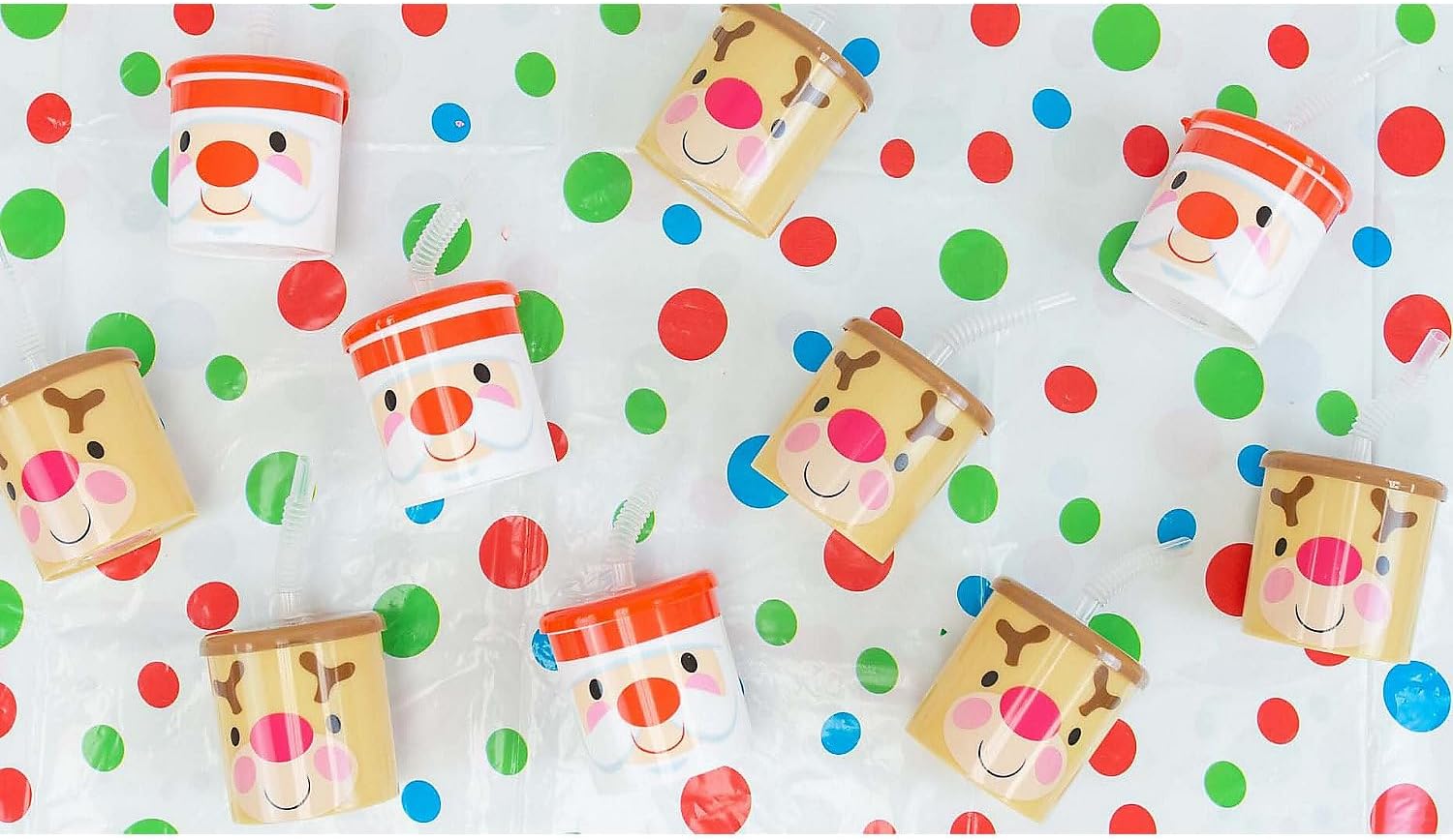 Fun Express Set of 12 Cheery Christmas Plastic Cups with Lids and Straws, BPA Free Plastic, Reindeer and Santa Designs, Cups Hold 7 oz, Holiday Party Supplies, Multi-Color