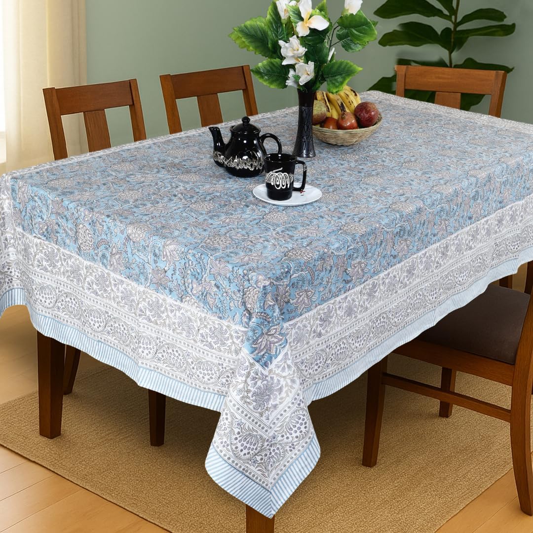 Floral rectangle Tablecloth | 100% Cotton Hand Block Printed Thanksgiving Table Cover, Premium Soft Fabric | for Dining , Festive, Parties, Weddings & Home Décor (60*90 Inches - 6 Seats) (Blue)
