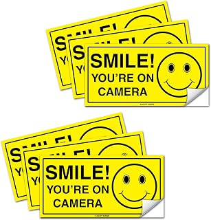 Set of 6) Smile You're On Camera Sticker - 2" x 4" -Durable Self Adhesive 4 Mil Vinyl - Laminated - Fade & Scratch Resistant - Waterproof - Private Property No Trespassing Security Recording Video Surveillance Sign