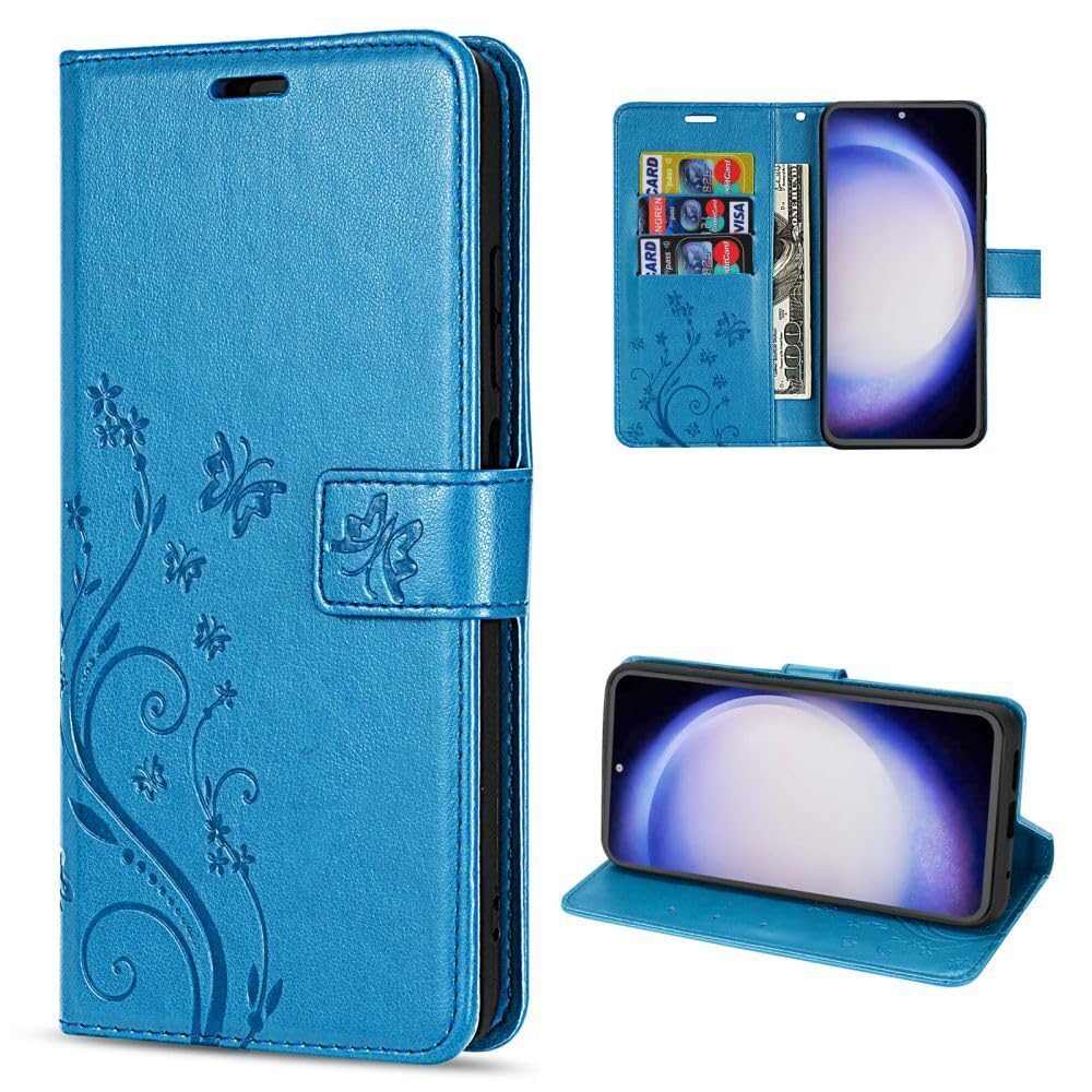 Flip Case for Samsung Galaxy S23 FE (Blue) - Mobile Phone Case with Imitation Leather - Protective Case with Card Slots - Flower Design