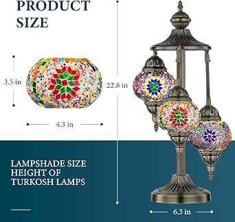 Marrakech Turkish Lamp 3 Globes Moroccan Table Lamp with Bronze Base, 23 Tall Handmade Colorful Tiffany Mosaic Glass Night Light Fixture Including LED Bulb for Living Room Bedroom Decor