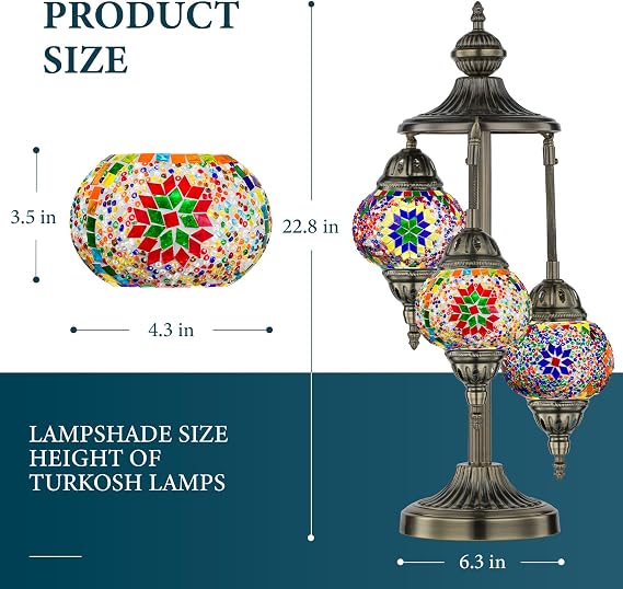 Marrakech Turkish Lamp 3 Globes Moroccan Table Lamp with Bronze Base, 23 Tall Handmade Colorful Tiffany Mosaic Glass Night Light Fixture Including LED Bulb for Living Room Bedroom Decor
