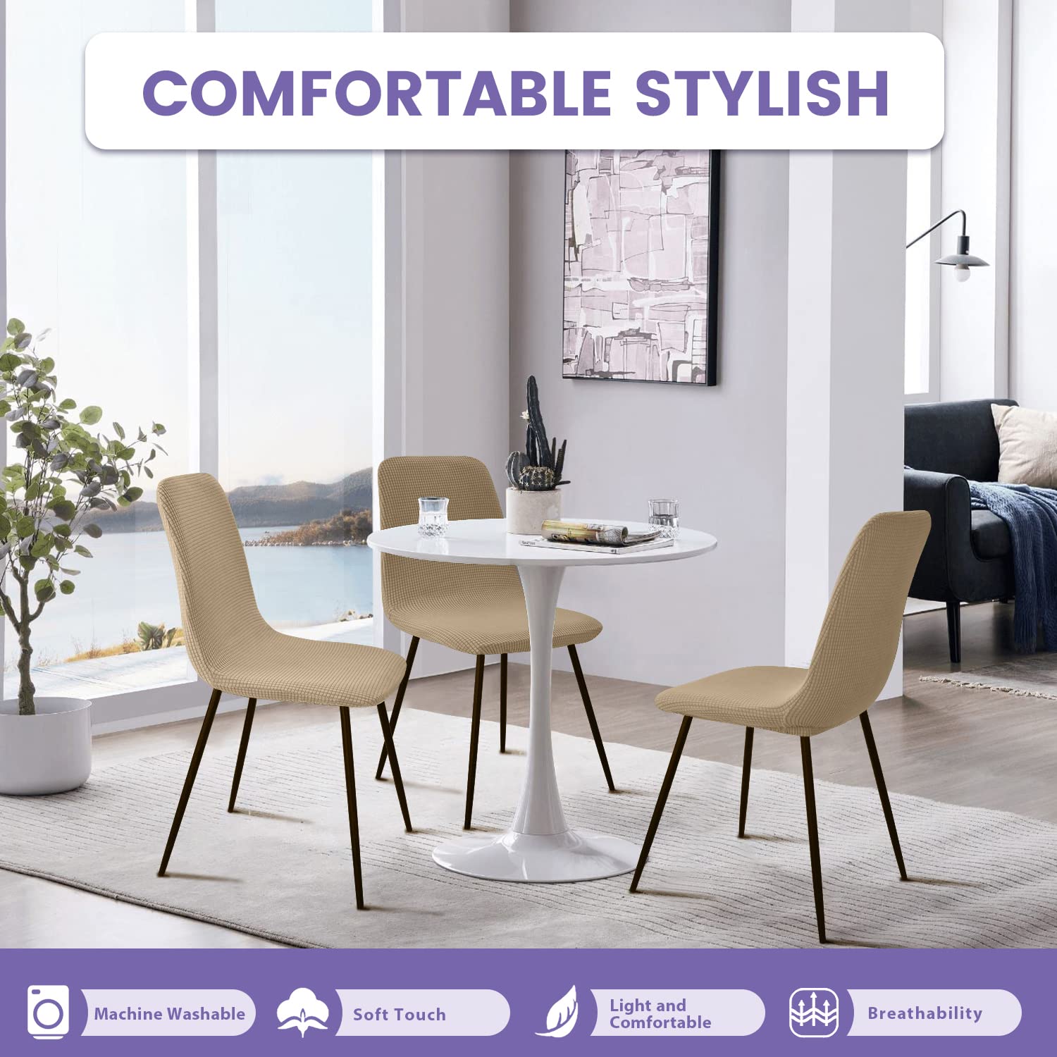 Y-Beige Housse de Chaise Extensible 4 pièces, Housse de Salle à Manger Amovible Lavables Jacquard