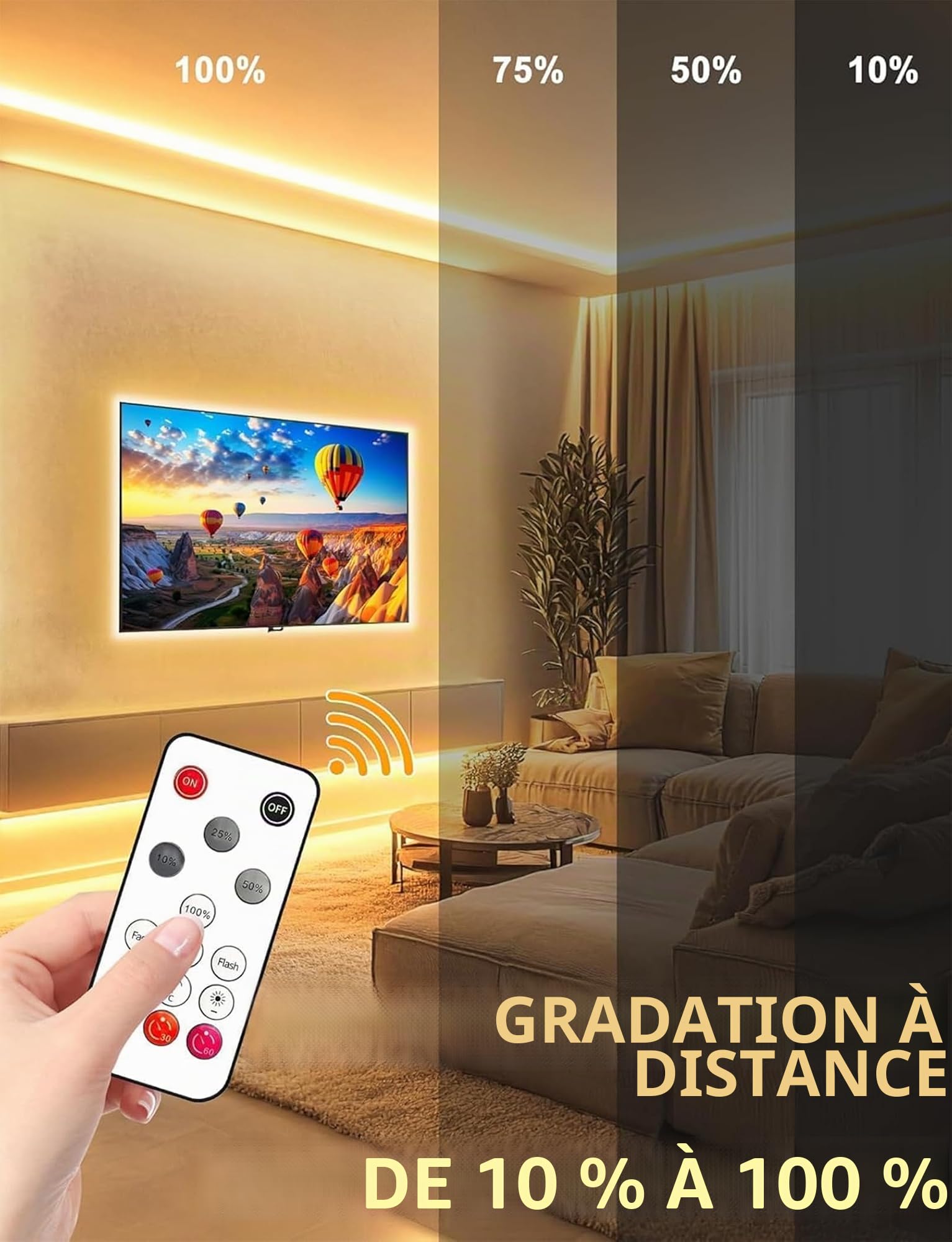 Lamomo Bandeau LED COB 10M, Blanc chaud Ruban Led avec Télécommande, IP65 étanche, Flexible, 3000K, Largeur 10mm, Dimmable, Silicone, Découpable, 24V Néon Strip pour Cuisine, Chambre, CRI 90
